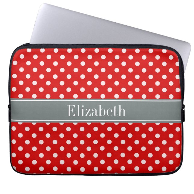 Red White Polka Dots Charcoal Ribbon Monogram Laptop Sleeve (Front)