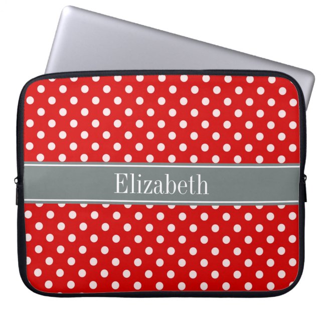Red White Polka Dots Charcoal Ribbon Monogram Laptop Sleeve (Front)