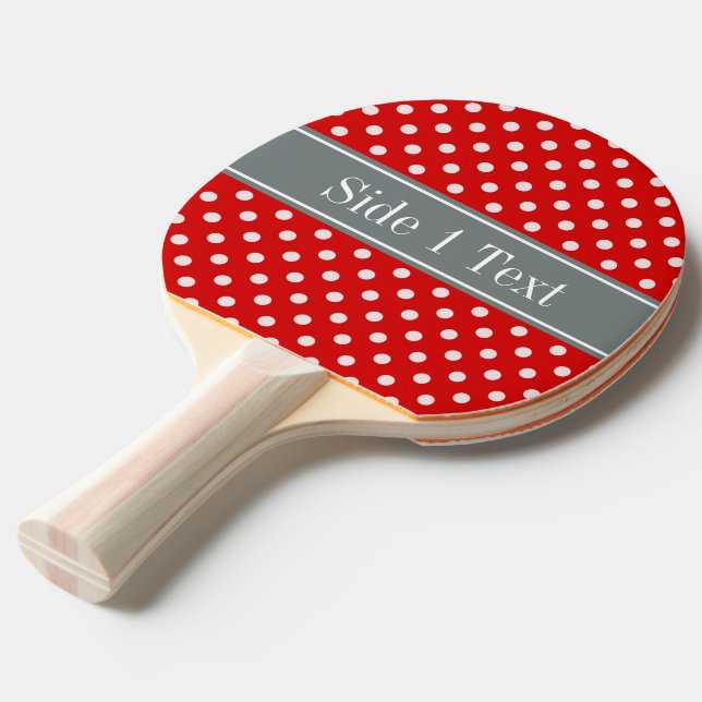 Red White Polka Dots Charcoal Ribbon Monogram Ping Pong Paddle (Front Angle)