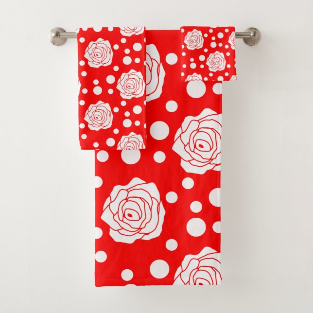 Red White Polka Dots Floral Illustration Design Bath Towel Set (Insitu)