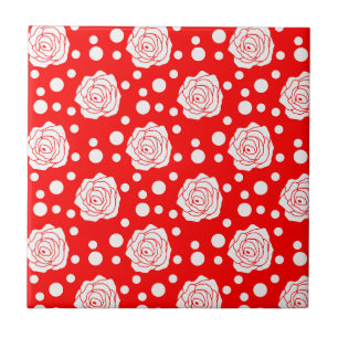 Red White Polka Dots Floral Illustration Design Ceramic Tile