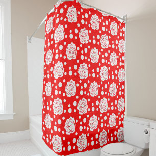 Red White Polka Dots Floral Illustration Design Shower Curtain