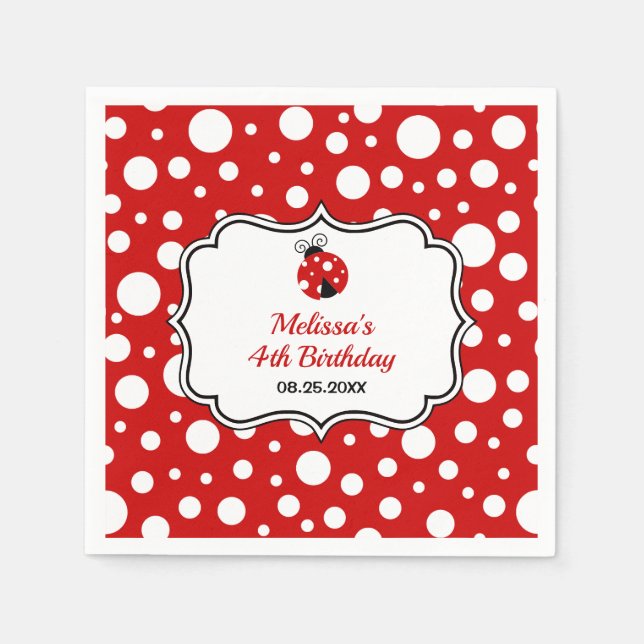 Red White Polka Dots Ladybug Frame Kids Birthday  Napkin (Front)