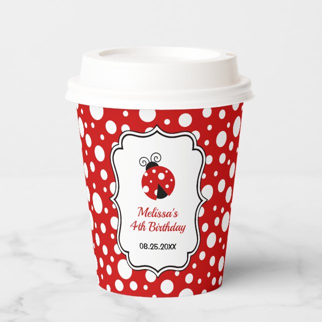 Red White Polka Dots Ladybug Frame Kids Birthday  Paper Cups (Front)
