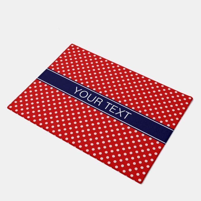 Red White Polka Dots Navy Blue Ribbon Monogram Doormat (Angled)