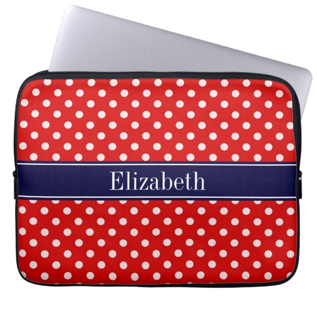 Red White Polka Dots Navy Blue Ribbon Monogram Laptop Sleeve (Front)