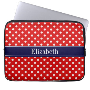 Red White Polka Dots Navy Blue Ribbon Monogram Laptop Sleeve