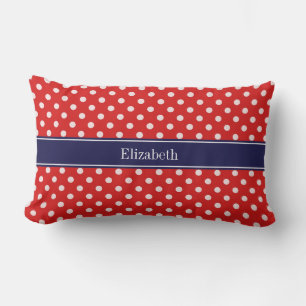 Red White Polka Dots Navy Blue Ribbon Monogram Lumbar Cushion