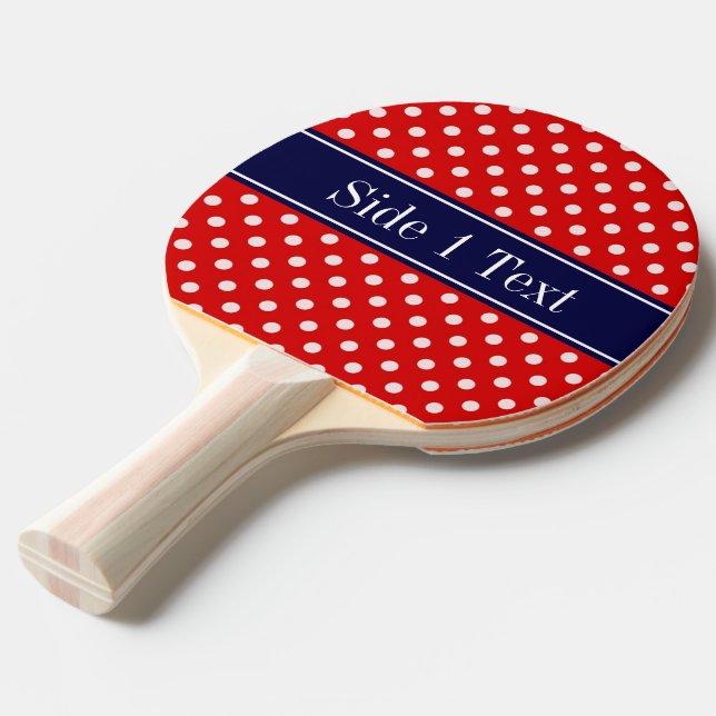 Red White Polka Dots Navy Blue Ribbon Monogram Ping Pong Paddle (Front Angle)
