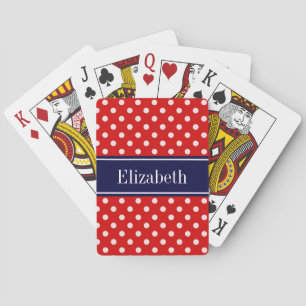 Red White Polka Dots Navy Blue Ribbon Monogram Playing Cards