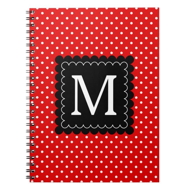 Red White Polka Dots Pattern Black Monogram Design Notebook (Front)