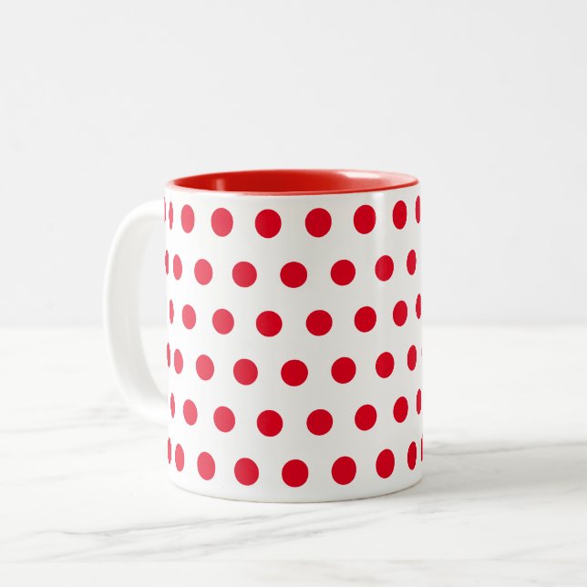 Red white polka dots Two-Tone coffee mug (Front Left)