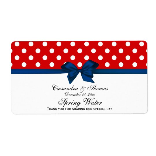 Red, White Polka Dots Water Label, Navy Bow Shipping Label