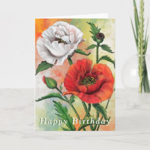 Red White Poppies Birthday Card