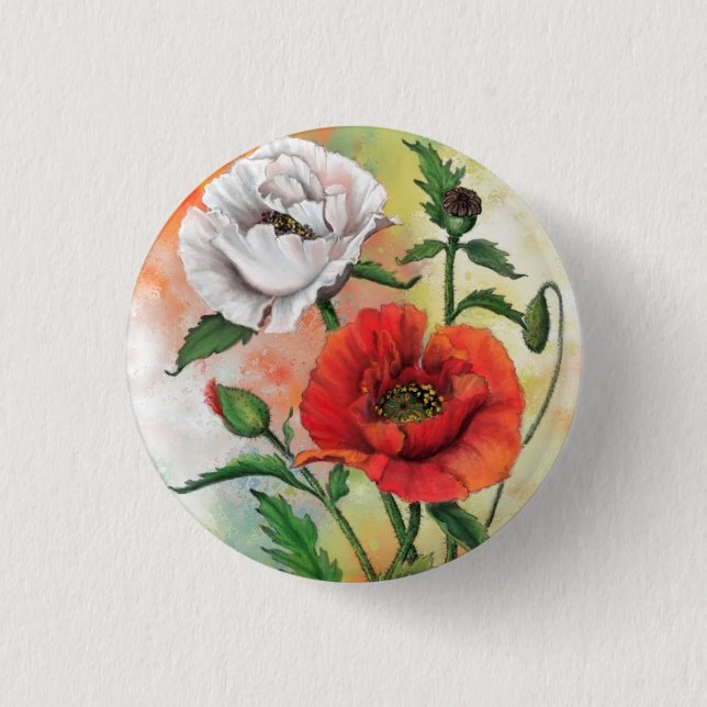 Red White Poppies Button - Painting (Front)