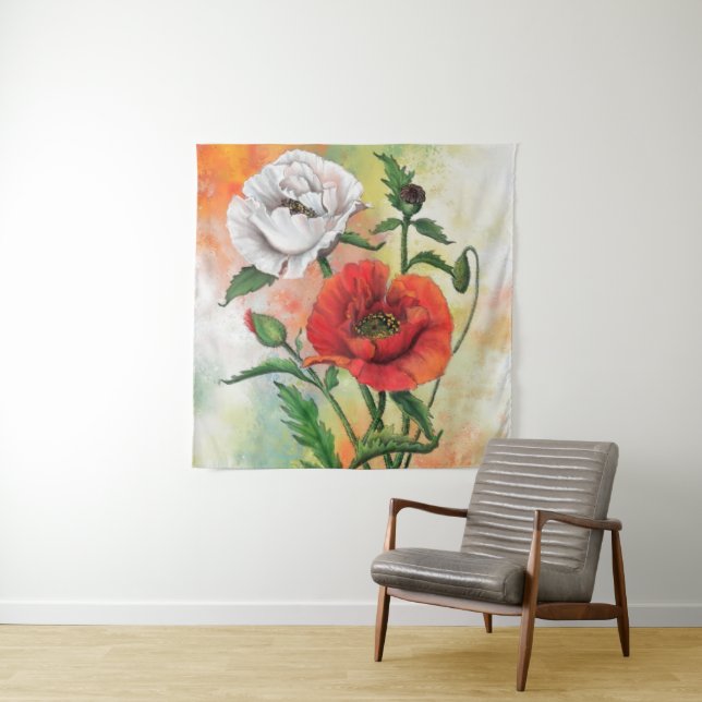 Red White Poppies Tapestry (In Situ)