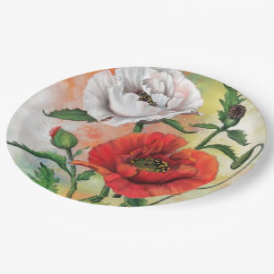 Red White Poppy Paper Plates Flowers