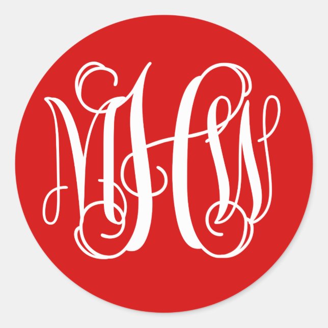 Red White Preppy Vine Script Monogram DIY BG Classic Round Sticker (Front)