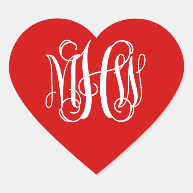 Red White Preppy Vine Script Monogram DIY BG Heart Sticker (Front)