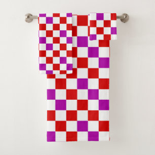 Red White Purple Chequered Pattern Design  Bath Towel Set