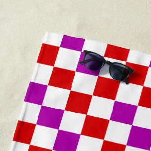Red White Purple Chequered Pattern Design Beach Towel