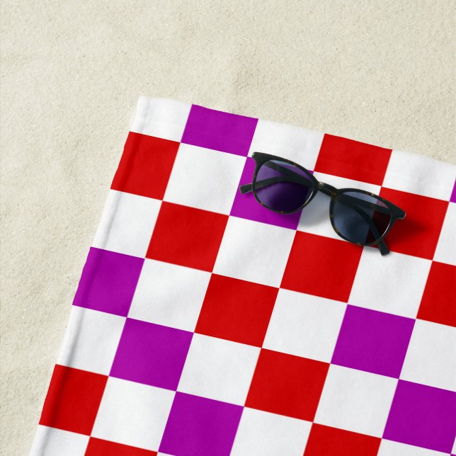 Red White Purple Chequered Pattern Design  Beach Towel (In Situ)