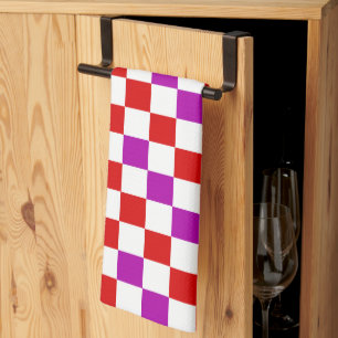 Red White Purple Chequered Pattern Design  Tea Towel