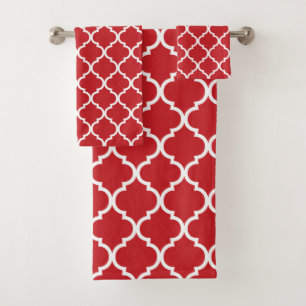 Red White Quatrefoil Bath Towel Set