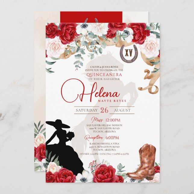 Red White Quinceanera Roses Rustic Fancy Charro Invitation (Front/Back)