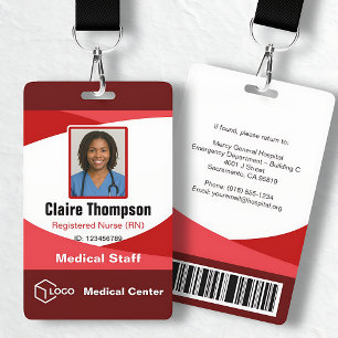 Red White Registered Nurse RN Photo ID ID Badge