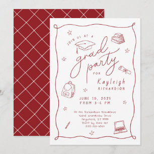 Red White Retro Hand Drawn Grad Party Invitation