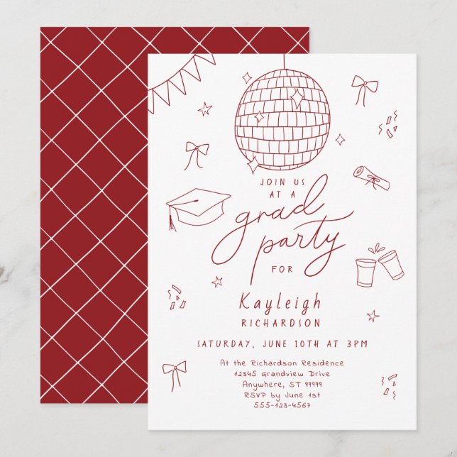 Red White Retro Hand Drawn Grad Party Invitation (Front/Back)