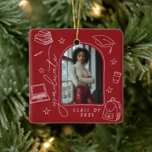 Red White Retro Hand Drawn Photo Graduation Ceramic Ornament
