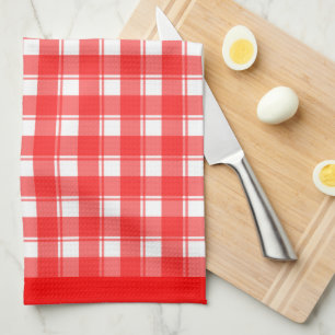 Red White Retro Plaid Checked Pattern Tea Towel