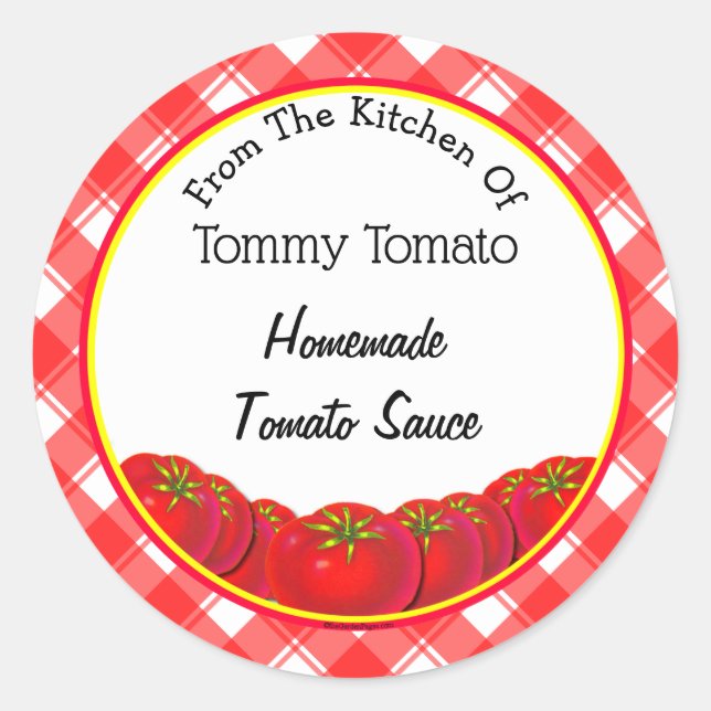 Red White Retro Plaid Tomato Sauce Baking Classic Round Sticker (Front)