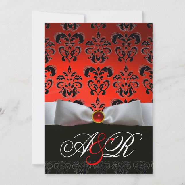 RED WHITE RIBBON & BLACK DAMASK MONOGRAM Ruby Invitation (Front)