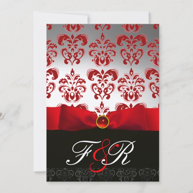 RED WHITE RIBBON & BLACK DAMASK MONOGRAM Ruby Invitation (Front)