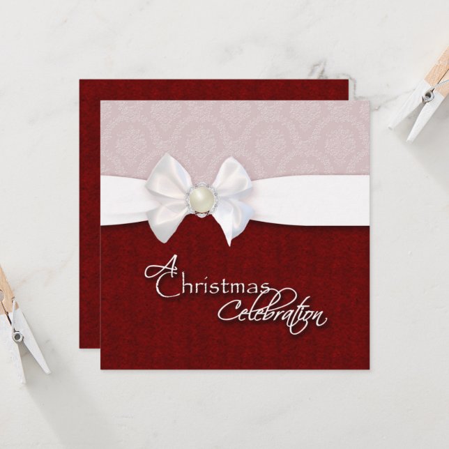 Red White Ribbon Christmas Invitation (Front/Back In Situ)