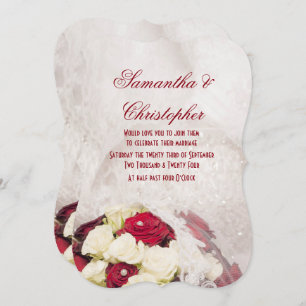 Red white rose bouquet and dress wedding invitation