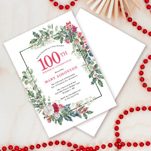 Red White Rose Floral Holly 100th Birthday Invitation