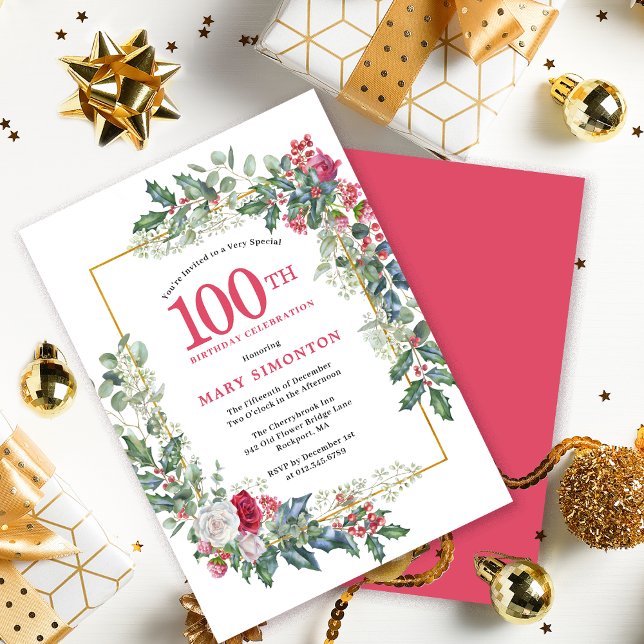 Red White Rose Floral Holly 100th Birthday Invitation (Creator Uploaded)