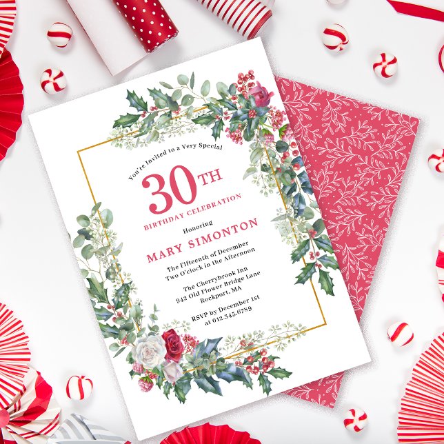Red White Rose Floral Holly 30th Birthday Party Invitation (Need a matching Welcome sign? Message me!)