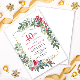 Red White Rose Floral Holly 40th Birthday Party Invitation
