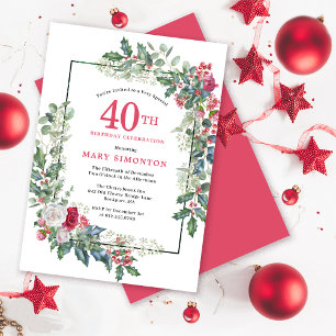 Red White Rose Floral Holly 40th Birthday Party Invitation