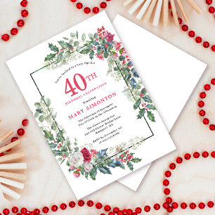 Red White Rose Floral Holly 40th Birthday Party Invitation