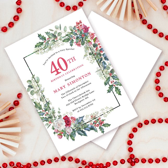Red White Rose Floral Holly 40th Birthday Party Invitation (Need a matching welcome sign? Message me!)
