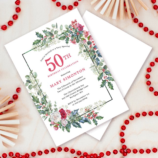 Red White Rose Floral Holly 50th Birthday Party Invitation (Creator Uploaded)