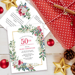 Red White Rose Floral Holly 50th Invitation Postcard