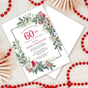 Red White Rose Floral Holly 60th Birthday Party Invitation