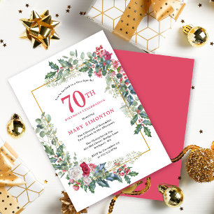 Red White Rose Floral Holly 70th Birthday Party Invitation